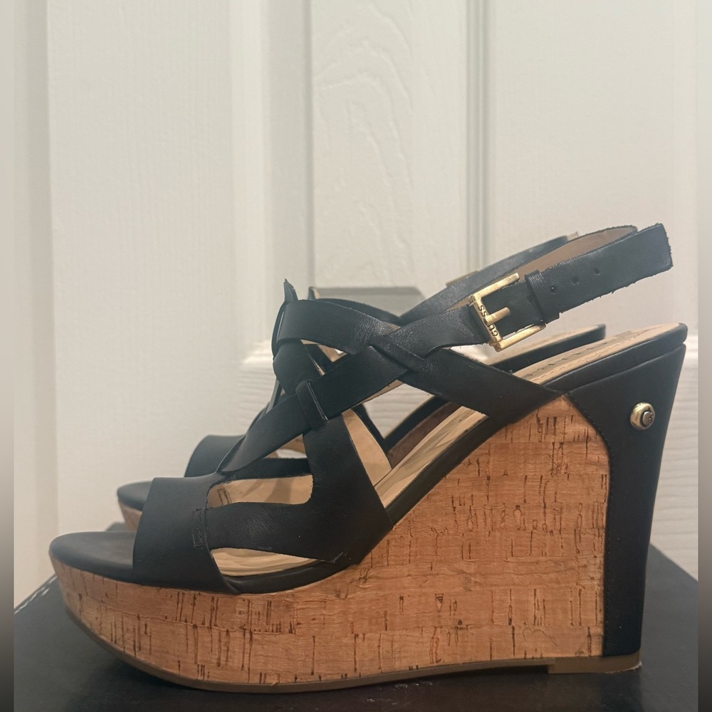 Guess Black Strappy Cork Wedges